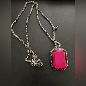 Fashion Silver Necklace with Hot Pink Gem Pendant